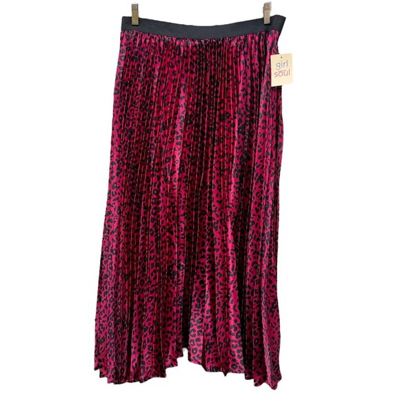 Pleated Long Skirt Plus Size 2X Pink Black Leopard Satin Midi Pull On Girl Soul - Picture 1 of 11